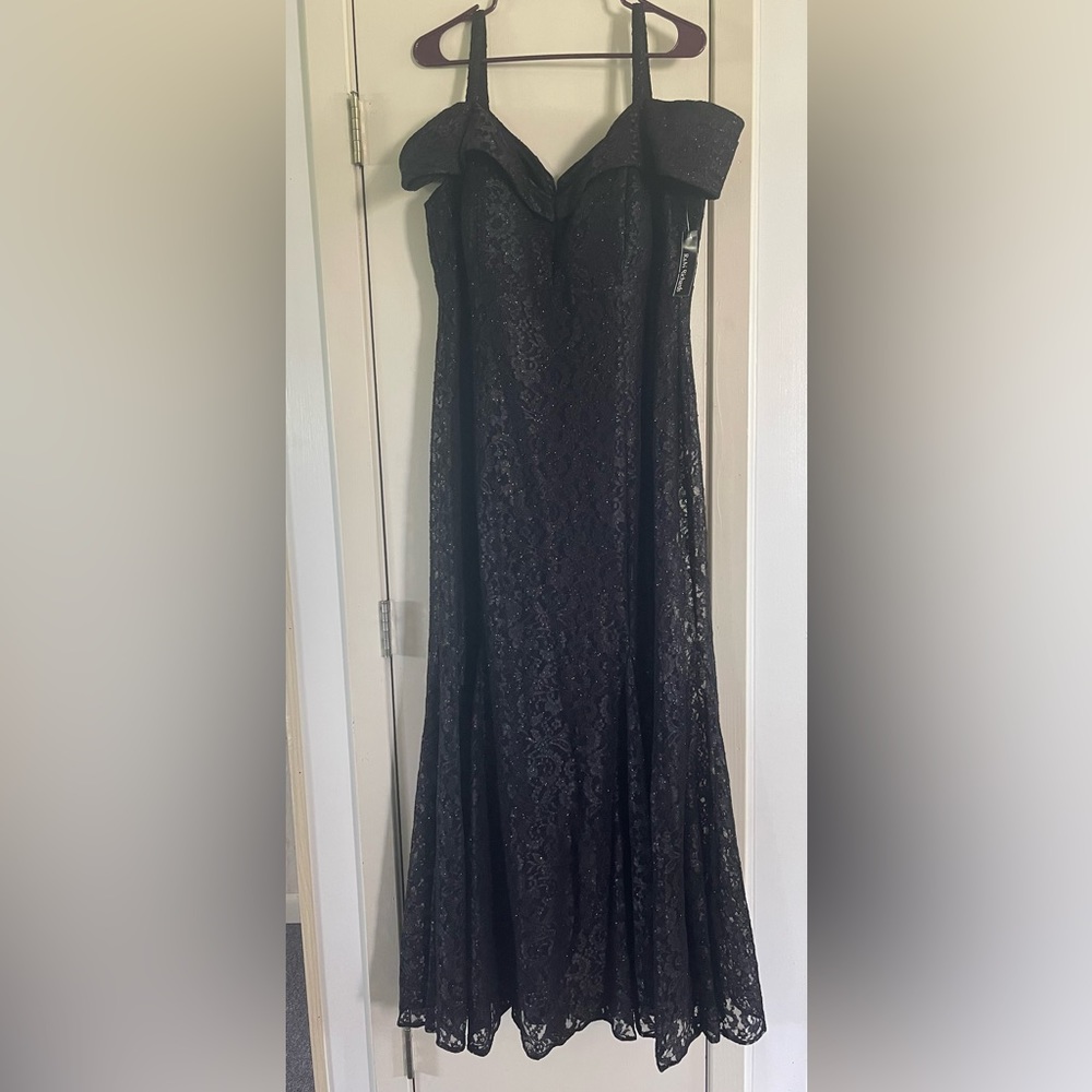 RM Richards Black Off the Shoulder Fishtail Shimmer Lace Dress